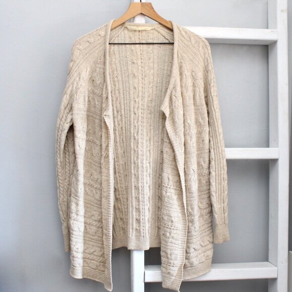 Athleta Tan Oatmeal Cable Knit Merino Wool Open Front Cardigan Size Medium - Picture 1 of 4